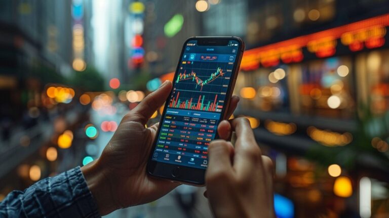 Stake +2U Lotemax - aplicativo de trading no celular em uma rua à noite